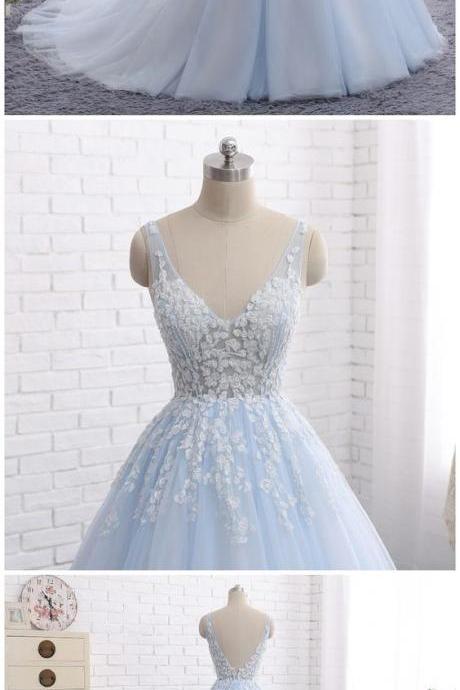 Light blue A-line lace tulle sweet Evening Gown