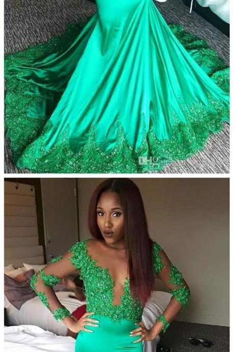Long Sleeve Lace Mermaid Evening Prom Dresses,long Green Prom Dress, Custom Long Prom Dress, Party Prom Dress, Formal Prom Dress