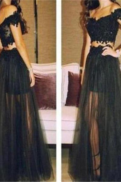 Black Two Pieces Off Shoulder Tulle Lace Party Cocktail Evening Long Cheap Prom Dress