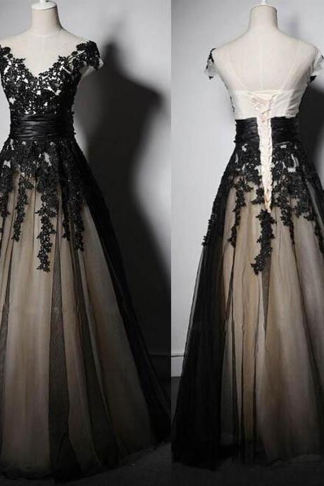 Black Applique Cap Sleeve Lace Up Back V Neck Long Prom Dresses