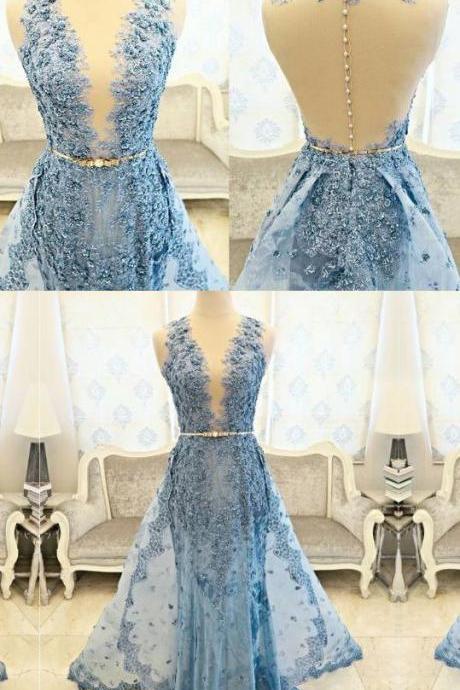 Blue Sheath Illusion Back Prom Dress With Belt Lace Detachable Train