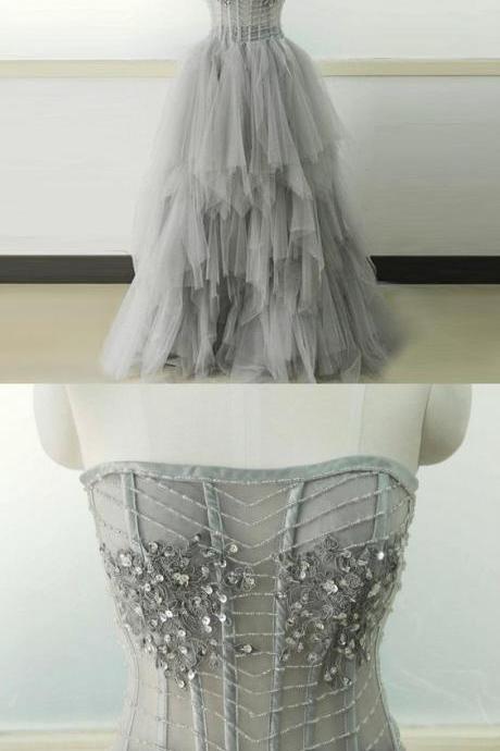 Simple A-line Strapless Long Tiered Grey Tulle Prom Dress With Beadings