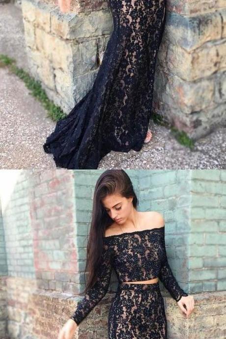Two Piece Black Lace Long Sleeve Sexy Mermaid with Beadings