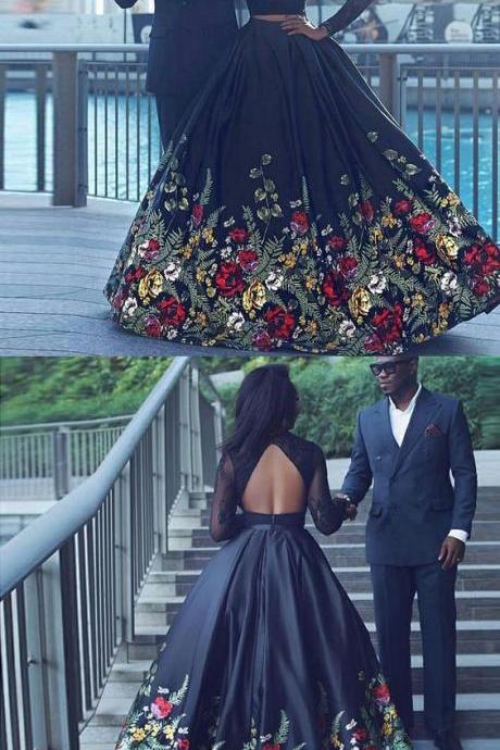 Two Piece Round Neck Long SLeeves Black Floral Satin Prom Dress with Lace