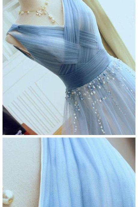  Blue V Neck Tulle Affordable Elegant Formal Long Prom Dresses
