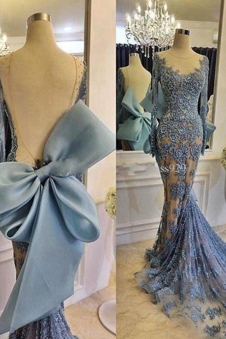 Sexy Sheer Lace Prom Dresses With Long Sleeve Backless Bow Knot Court Train Formal Party Dress