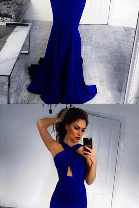 Simple Royal Blue Mermaid Crossover V-neck Sexy Evening Dress
