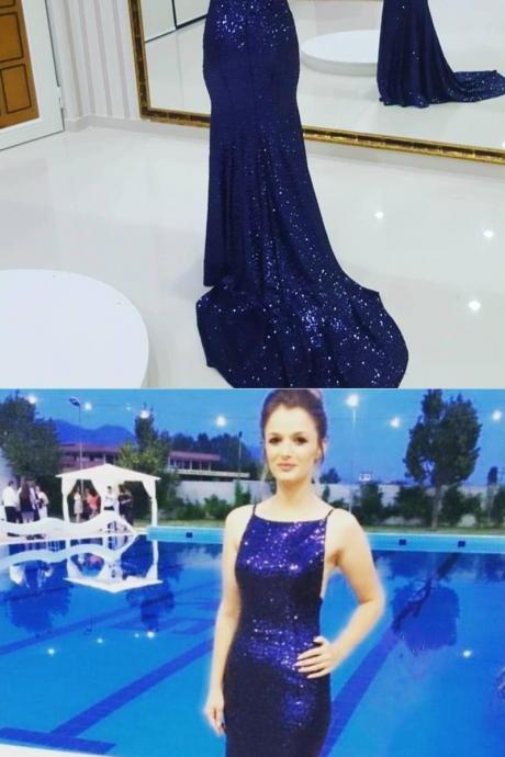  Sparkly Blue Sequin Mermaid Spaghetti Straps Watteau Open Back Long Prom Dress