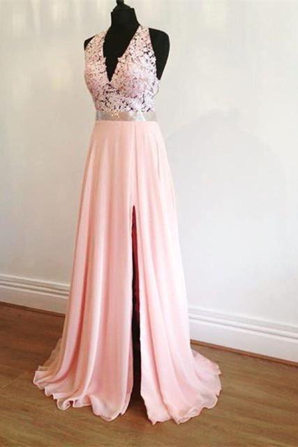 Elegant Lace Halter Pink Chiffon Prom Dresses With Slit 2017 Design