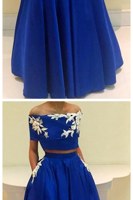 Royal-Blue A-Line Two-Pieces Appliques Off-the-Shoulder Prom Dress