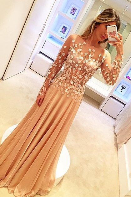 Champagne Prom Dress, Lace Applique Prom Dress, Floral Prom Dress, Chiffon Prom Dress, Elegant Prom Dress, Long Sleeve Prom Dress, Prom Dresses 2018, Women Formal Dress, Sexy Formal Dress