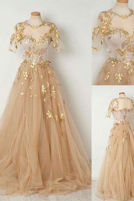 Elegant A-line Round Neck Half Sleeves Champagne Tulle Long Prom Dress