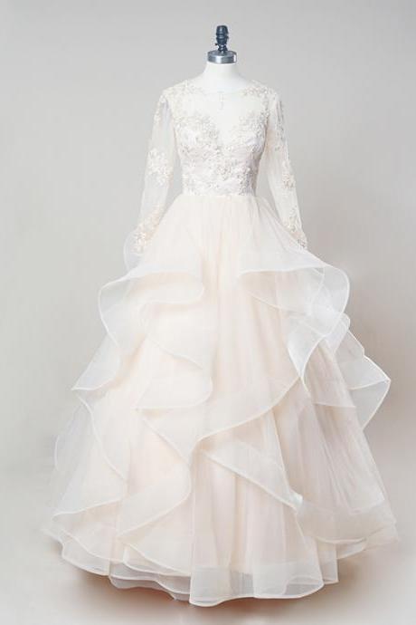 Ball Gown Wedding Dress, Organza Wedding Dress, Long Sleeve Bridal Dress, Applique Wedding Dress, Custom Made Wedding Dress