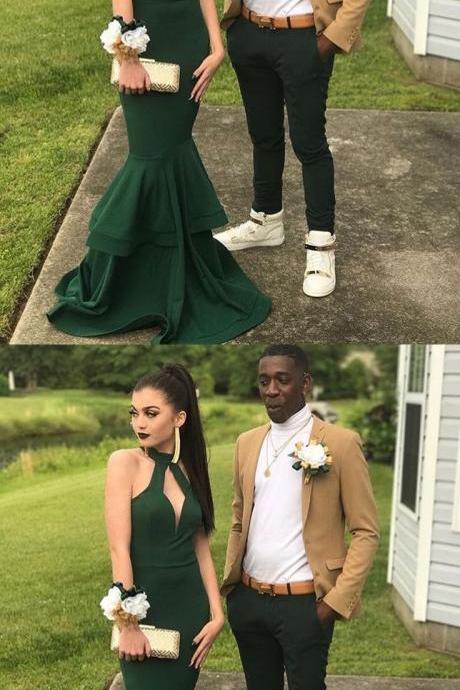 Dark Green Halter Mermaid Prom Dress with Double Tiered Skirt
