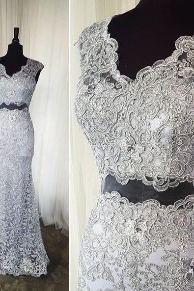 Gray Prom Dress,long Prom Dress,lace Prom Dress,two Pieces Prom Dress,elegant Evening Dress