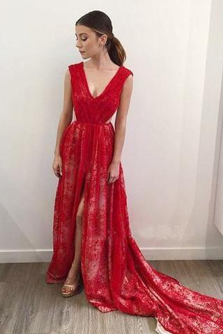 Long red lace v-neck side slit 2017 charming prom dress