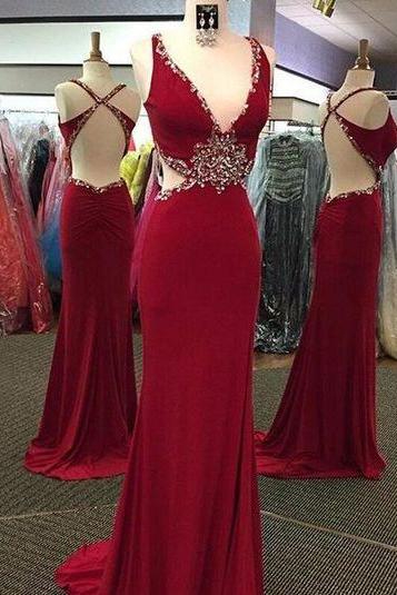 Dark red Prom Dresses,backless prom dress,long prom Dress,sexy prom dress,charming beaded evening dress