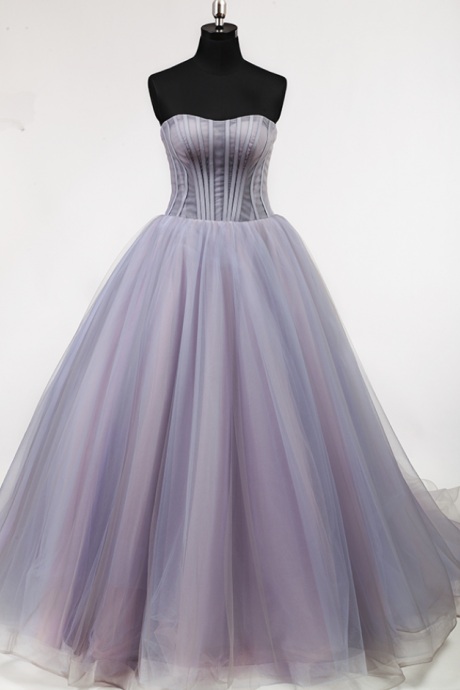 Puffy A Line Off Shoulder Pleat Lace Up Back Court Train Elegant Lady Lovely Light Purple Full Boning Bodice Prom Dress