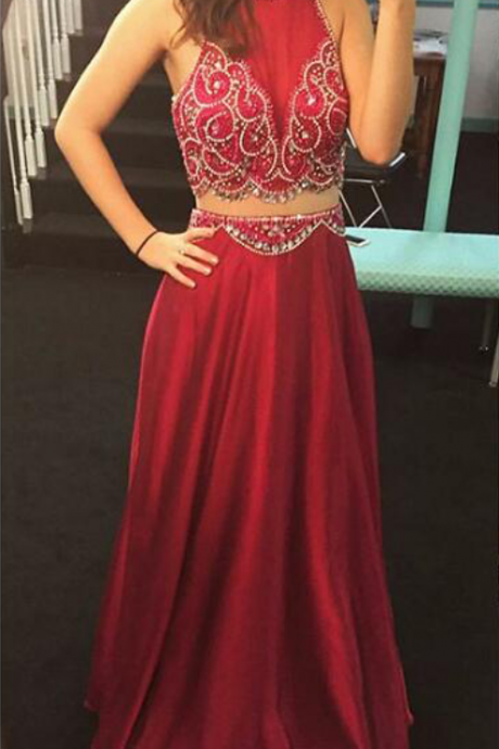 Sexy Prom Dresses, Beaded Pattern Prom Dress, Two Piece Prom Dress, Burgundy Prom Dress, Long Evening Gown