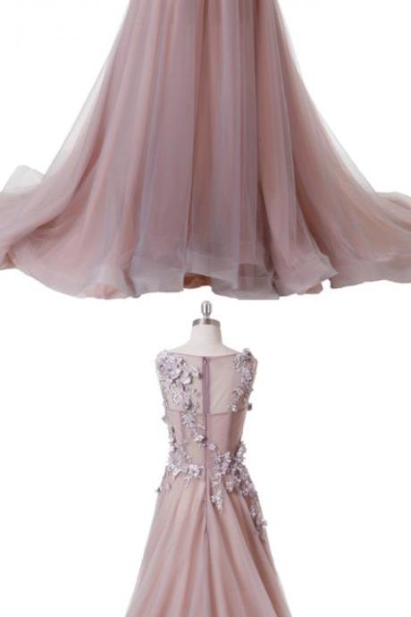 Pink Evening Dress Jewel Neck Illusion Corset Back A Line Tulle Prom Dress Long Real Work Flowers