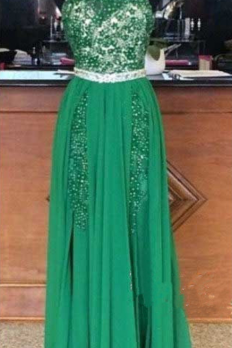  Prom Dress,Halter Prom Dress,Beaded Prom Dresses, Backless Prom Dress, Green Prom Dress