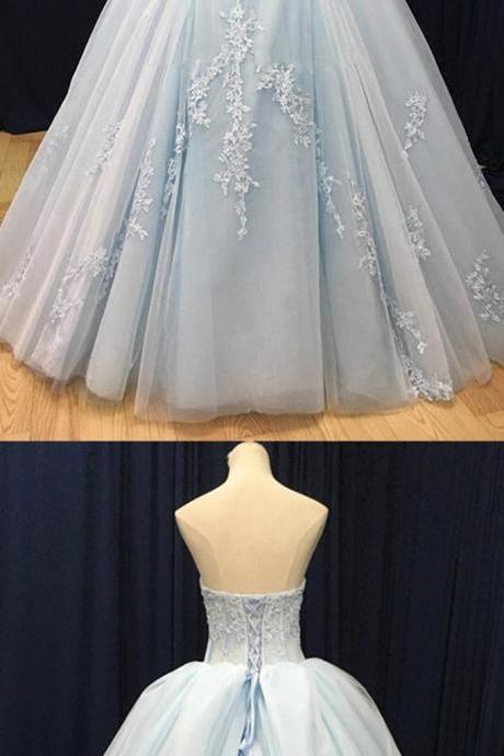 Blue tulle customize long V neck high waist evening dress, long formal prom dress