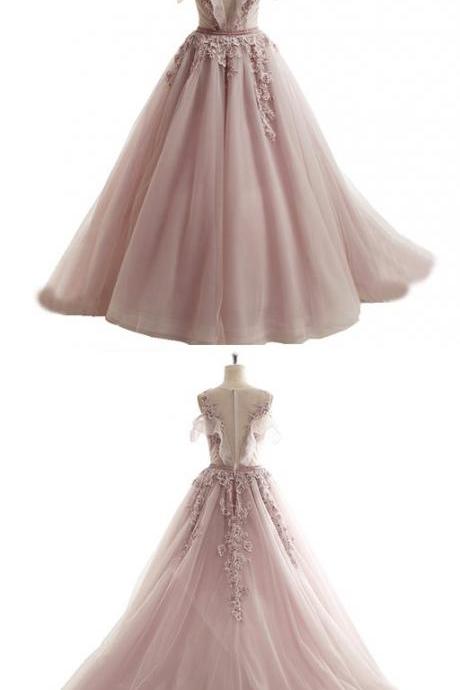 2018 Spring Pink Tulle Long Off Shoulder A-line Senior Beaded Prom Dress With Lace Appliqués