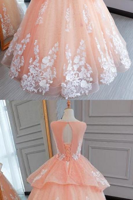 Pink tulle princess round neck long evening dress, long white lace flower prom gown