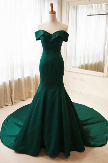 Green Sweetheart Off-the-Shoulder Satin Mermaid Long Prom Evening Dress