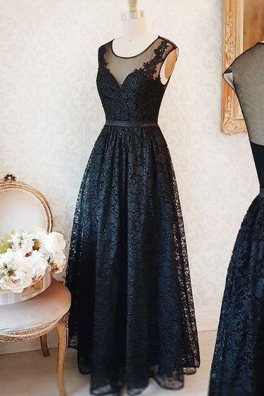Black, Lace, A-line, Long, O-neck, Formal Dress, Evening Dress, Prom Dress