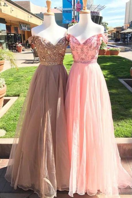 Shiny A-Line Off-Shoulder Pink Gray Tulle Long Prom Evening Dress with Beading