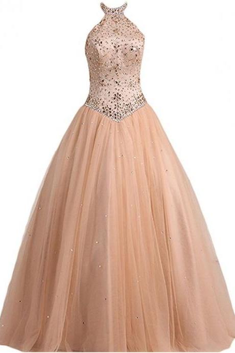 Ball, High Neck, Tulle, With Beads, Long Prom Dress, High Quality Gown Dress, Formal Dress, Wedding Dress