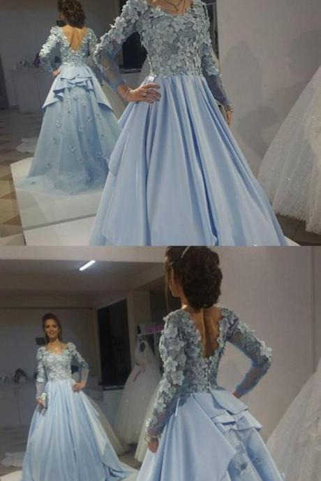 Chic Floral Lace prom dress, V Neck Long Sleeves Formal Evening Gowns Prom Dresses