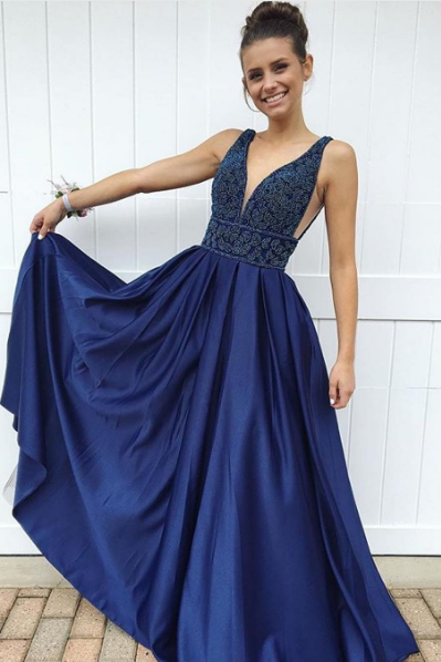 Blue A-line v neck beaded long prom dress, blue evening dress