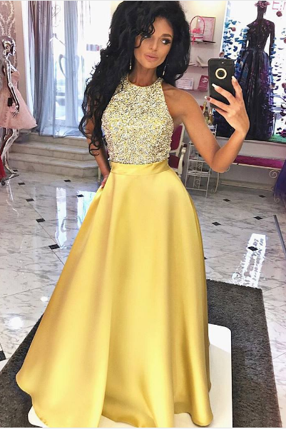 Yellow A-line Round Neck Long Prom Dress, Yellow Formal Dress