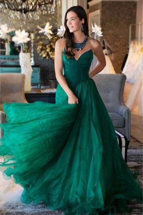 Simple green v neck long prom dresses, green evening dress
