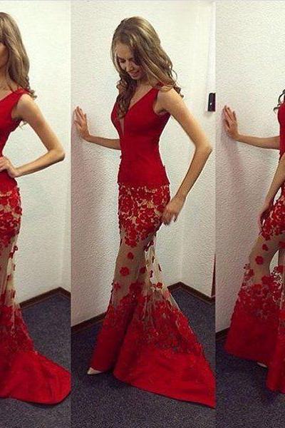 Red mermaid v neck long prom dress,red formal dresses
