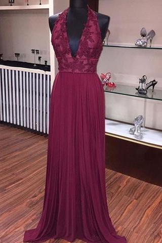 Burgundy A line lace long prom dress, burgundy evening dress,woman dress