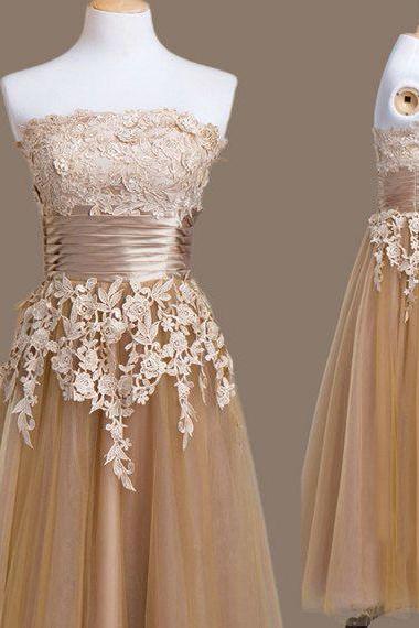 Champagne Prom Dress,a-line Lace Appliques Prom Dresses,strapless Tulle Homecoming Dress, Evening Dress