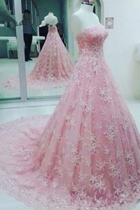 Bridal Ball Gown Strapless Pink Lace Formal Women Evening Dress