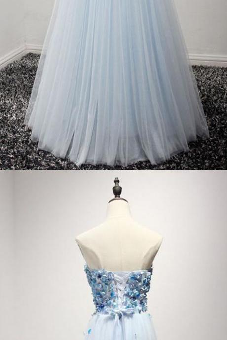 A-line Princess Sweetheart Neck Sleeveless Blue Prom Dresses,floor Length Dresses