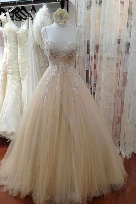 Champagne Sweetheart Neck Tulle Lace Prom Dress, Evening Dress, Formal Dress