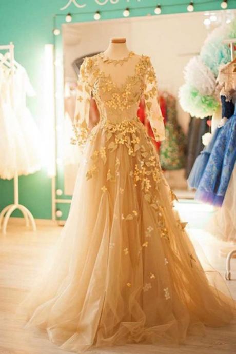 Champagne tulle round neck long sleeves applique handmade long dresses