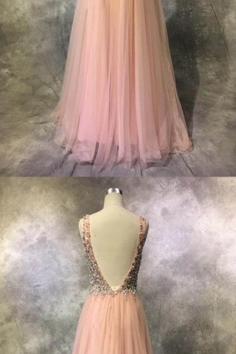 Pretty Pink Tulle Sequins Beading V-neck Long Dresses,evening Dresses