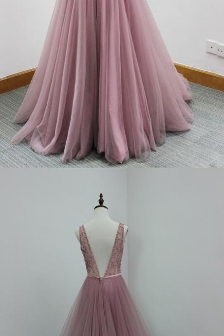 Pink Tulle V-neck Long Dress,beading Sequins Open Back Graduation Dresses