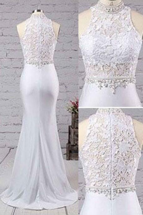 White Chiffon Lace Round Neck Zipper Up Formal Dress, Long Prom Dresses