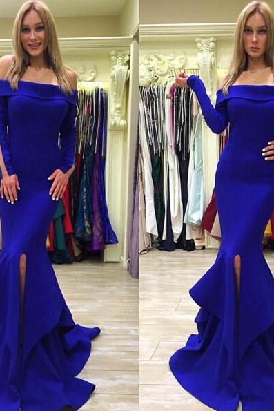 Royal Blue Long Sleeve Prom Dress,long Prom Dresses,charming Prom Dresses,evening Dress, Prom Gowns, Formal Women Dress