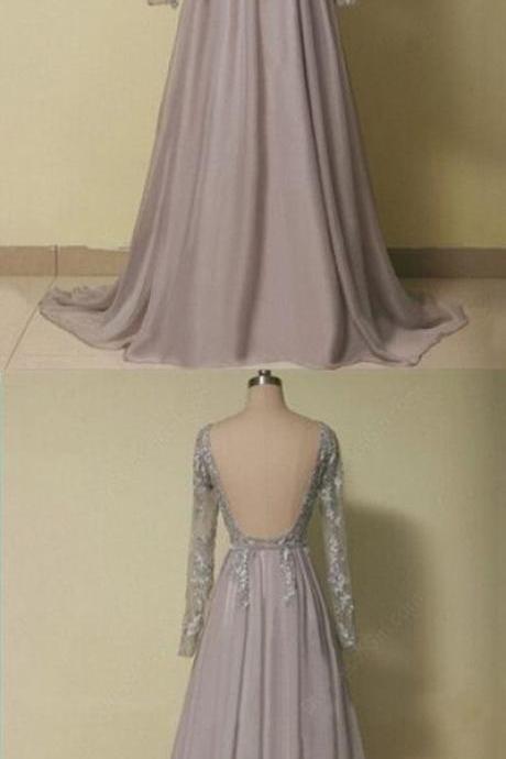Custom Made Charming Chiffon Prom Dresses,Sexy Backless Evening Dresses,Long Sleeves Prom Dresses,Beading Appliques Evening Dress