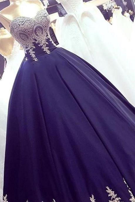 Navy Blue Appliques Ball Gown Prom Dresses, Elegant Sweetheart Formal Evening Dress