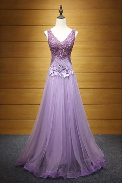 Purple A-line V-neck Floor-length Tulle Prom Dress With Beading